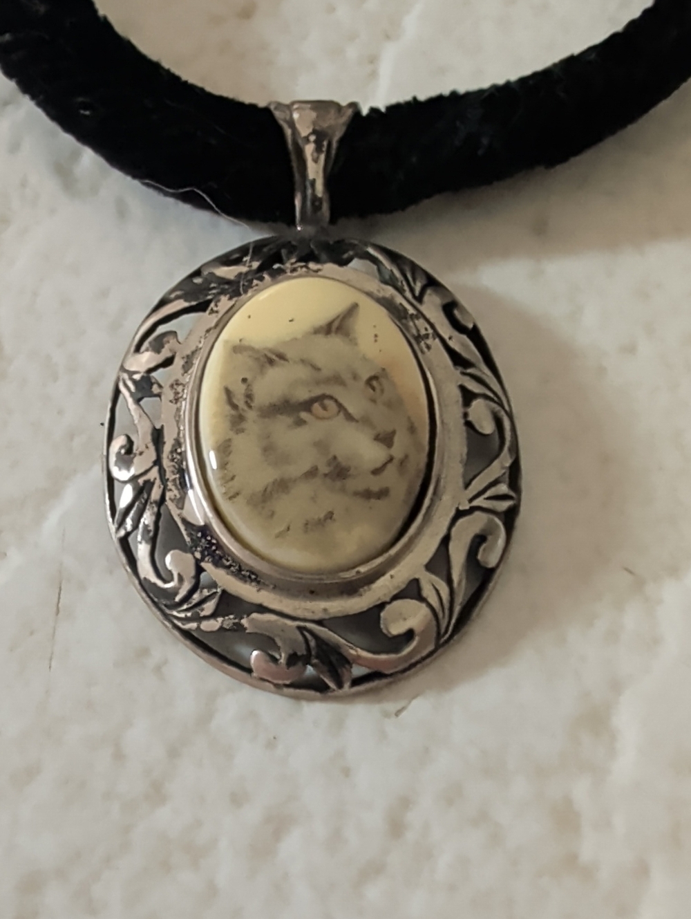 Ornate Cat Portrait Pendant Necklace - Black Cord - Jezlaine 925 Silver